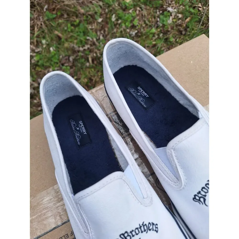 Sperry x Brooks Brothers Crest White Navy Canvas Slip On size 11.5